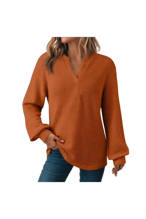 Women Fall Waffle Sweater Knit V Neck Fashion Pullover Casual Long Sleeve Shirts Top Orange