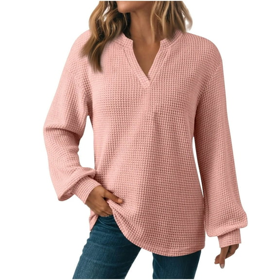 FRSASU Women Fall Waffle Sweater Knit V Neck Fashion Pullover Casual Long Sleeve Shirts Top Pink