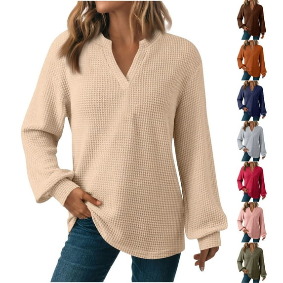 FRSASU Women Fall Waffle Sweater Knit V Neck Fashion Pullover Casual Long Sleeve Shirts Top Red