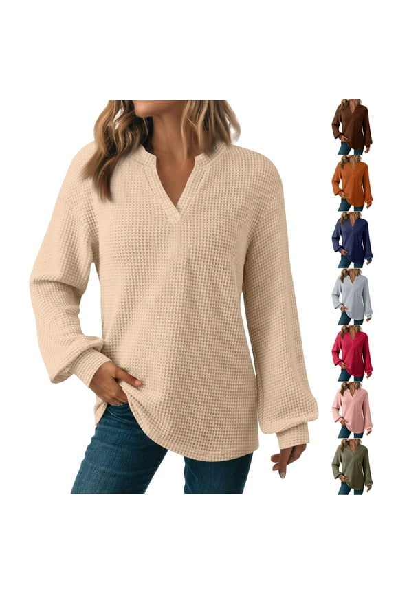Women Fall Waffle Sweater Knit V Neck Fashion Pullover Casual Long Sleeve Shirts Top Red