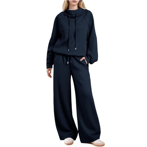 FRSASU Women Fall Winter 2 Piece Outfits Solid Sets High Neck Top Drawstring Wide Leg Pants Lounge Sets Navy XXL(XXL)