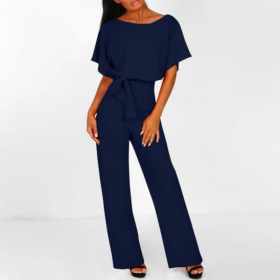 FRSASU Women Fashion Casual jumpsuit High Waisted Wide Leg Pant lace up button up short sleeved Party Romper Navy