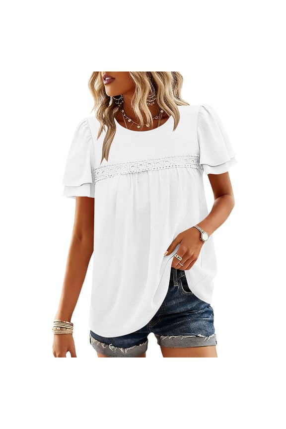 Women Fashion Eyelet Ruffle Short Sleeve Puff Sleeve V Neck Solid Color Casual Shirt Tops White
