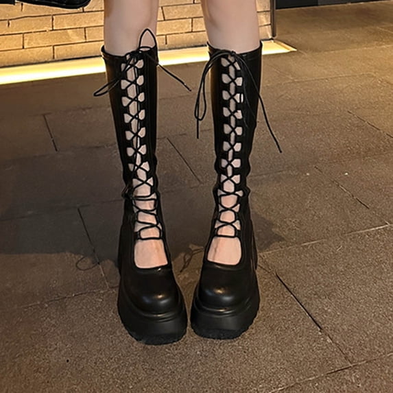 FRSASU Women Fashionable and Casual Knight Boots High Top Long Boots Thick Soled Straps Boots Black