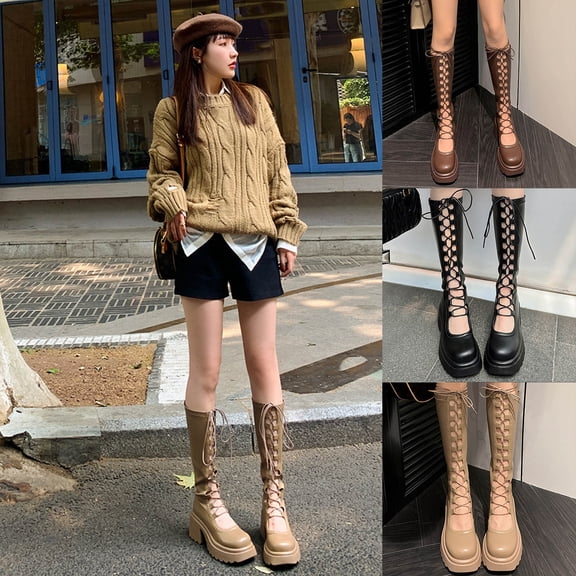 FRSASU Women Fashionable and Casual Knight Boots High Top Long Boots Thick Soled Straps Boots Khaki