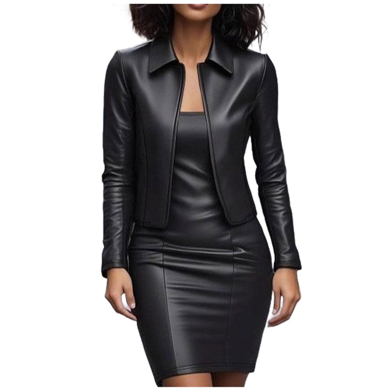 FRSASU Women Faux Leather Business Dress Suit Sets 2 Piece Work office  Fashion Outfits Cropped PU Cardigan Bodycon Dress Set Black