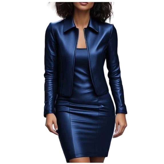 FRSASU Women Faux Leather Business Dress Suit Sets 2 Piece Work office Fashion Outfits Cropped PU Cardigan Bodycon Dress Set Navy