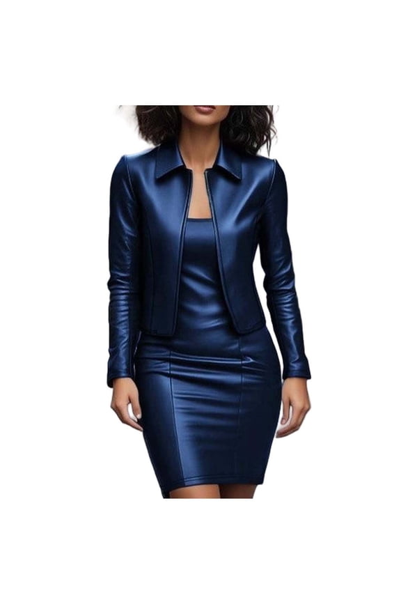 Women Faux Leather Business Dress Suit Sets 2 Piece Work office Fashion Outfits Cropped PU Cardigan Bodycon Dress Set Navy