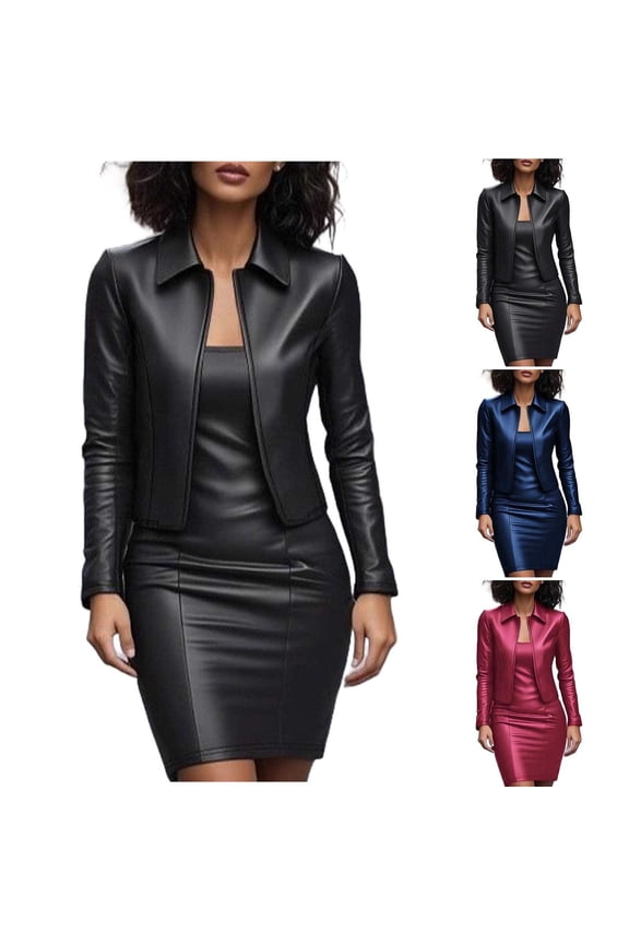 Women Faux Leather Business Dress Suit Sets 2 Piece Work office Fashion Outfits Cropped PU Cardigan Bodycon Dress Set Red
