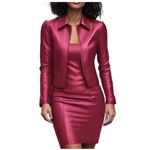 FRSASU Women Faux Leather Business Dress Suit Sets 2 Piece Work office Fashion Outfits Cropped PU Cardigan Bodycon Dress Set Red