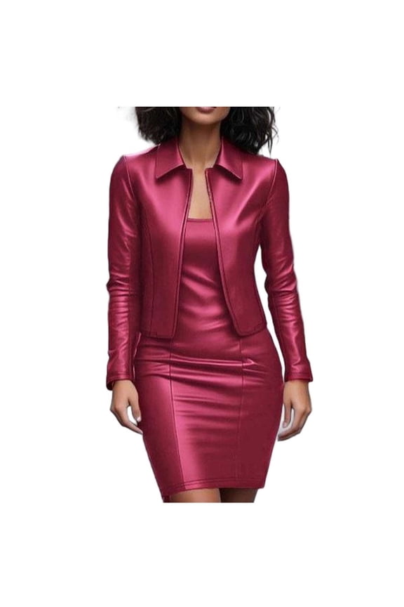 Women Faux Leather Business Dress Suit Sets 2 Piece Work office Fashion Outfits Cropped PU Cardigan Bodycon Dress Set Red
