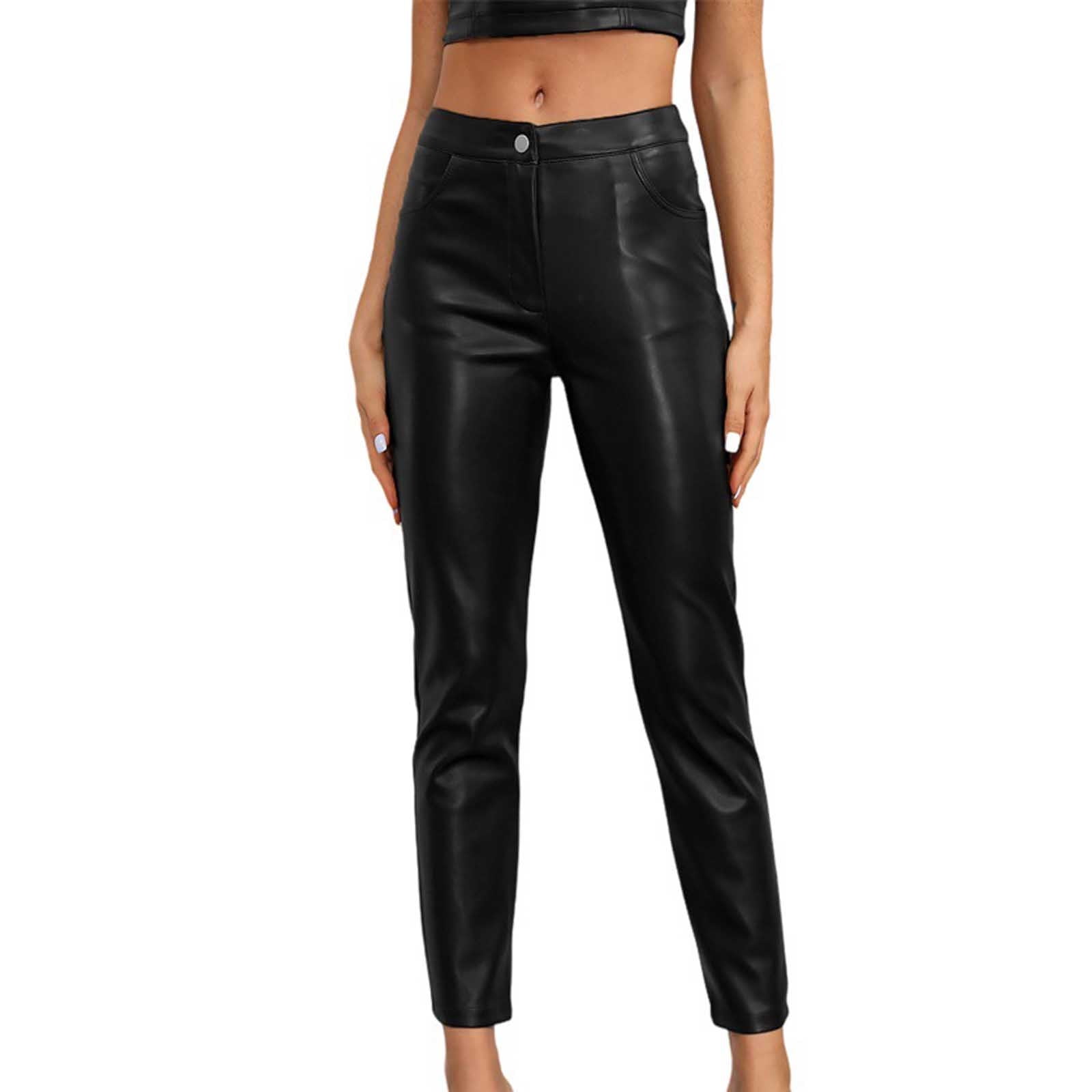 FRSASU Women Faux Leather Pants High Waist Button Zipper Straight Leg Pant Leather Leggings Pants with Pocket Black