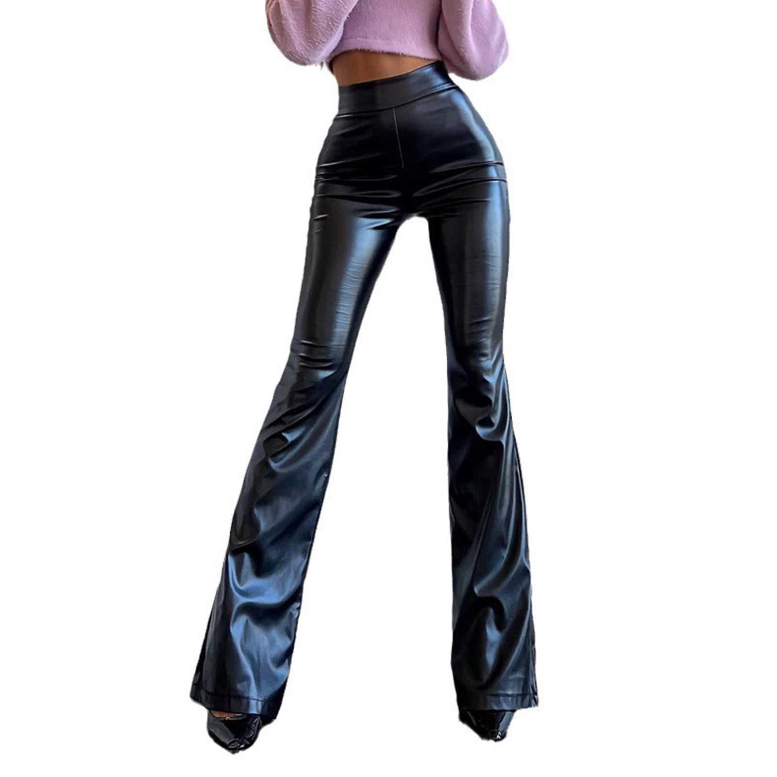 FRSASU Women Faux Leather Pants High Waist Straight Leg Pant with Pockets Leather Leggings Flare Pants Black