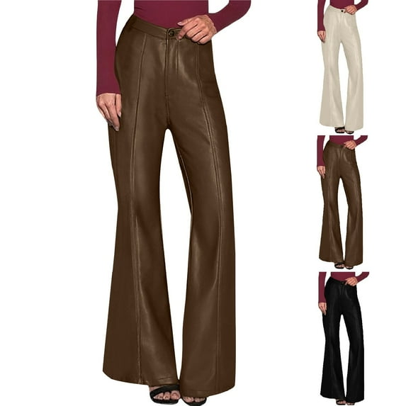 FRSASU Women Faux Leather Pants PU High Waist Straight Leg Pant with Pockets Leather Leggings Bell Bottom Flare Pants Brown