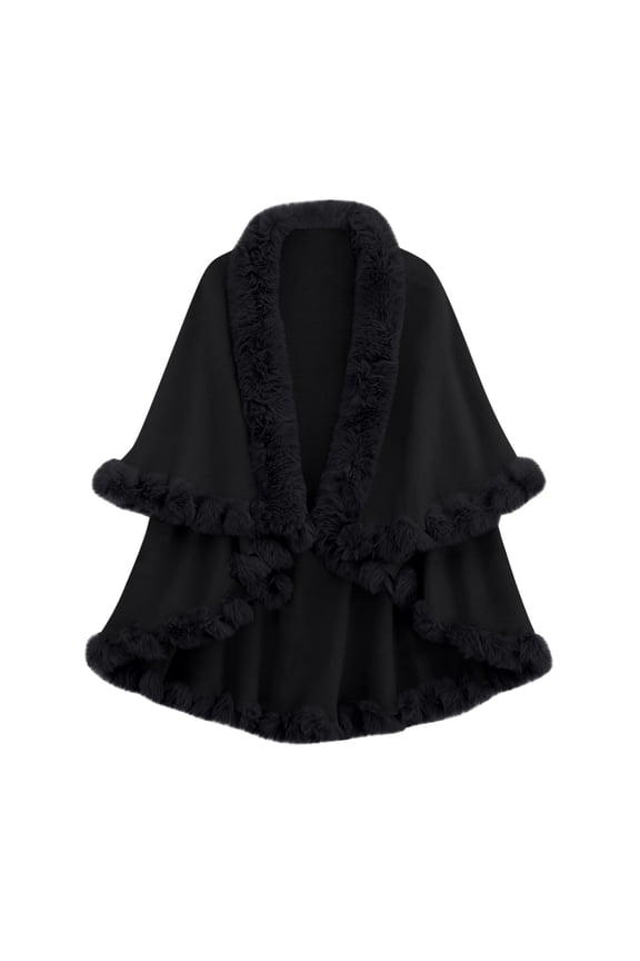 Women Fine Knit Open Front Faux Plush Trim Layers Poncho Cape Cardigan Sweater Black