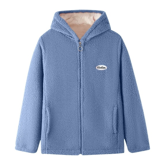FRSASU Women Fleece Jacket Plus Size Fashion Casual Zipper Loose Long Sleeve Solid Color Plush Hooded Coat Blue