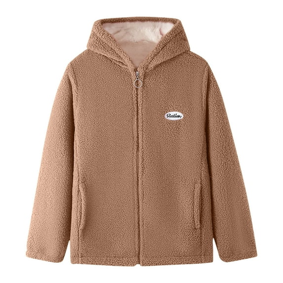 FRSASU Women Fleece Jacket Plus Size Fashion Casual Zipper Loose Long Sleeve Solid Color Plush Hooded Coat Khaki