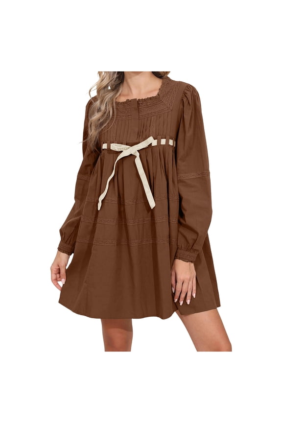 Women Flowy Long Puff Sleeve Mini Dress Casual Cute Square Neck Lace Bow Tie A-line Pleated Babydoll Dresses Brown