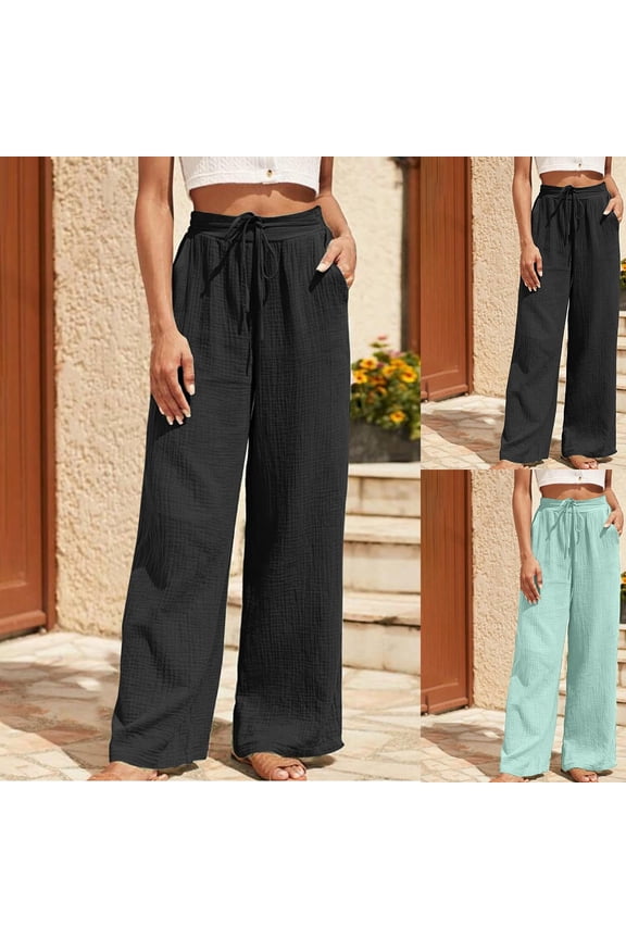 Women Flowy Pants Drawstring Waist Wide Leg Pleated Beach Pants Loose Fit with Pockets Green