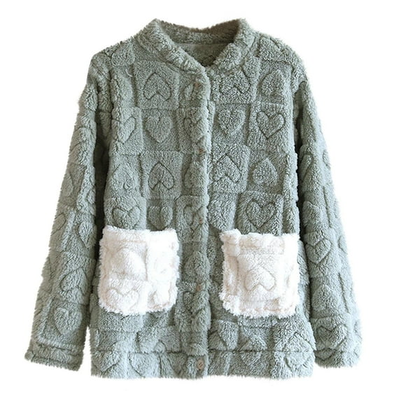 FRSASU Women Fuzzy Fleece Jacket Pajama Tops V-Neck Button Down Sleepwear Long Sleeve Plush Warm Winter Coat with Pockets Green