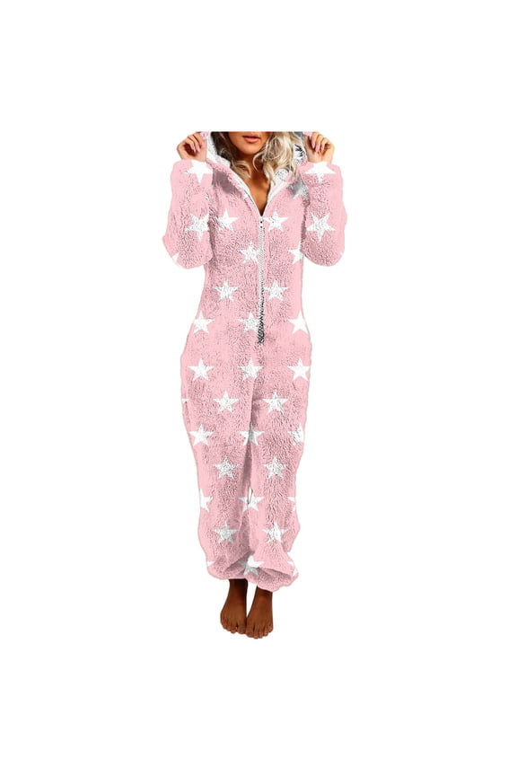 Women Fuzzy Fllece Jumpsuit Pajamas Star Printed Long Sleeve Zipper Onesie Fleece Hooded Playsuit Winter Warm Rompers Sleepwear Pink