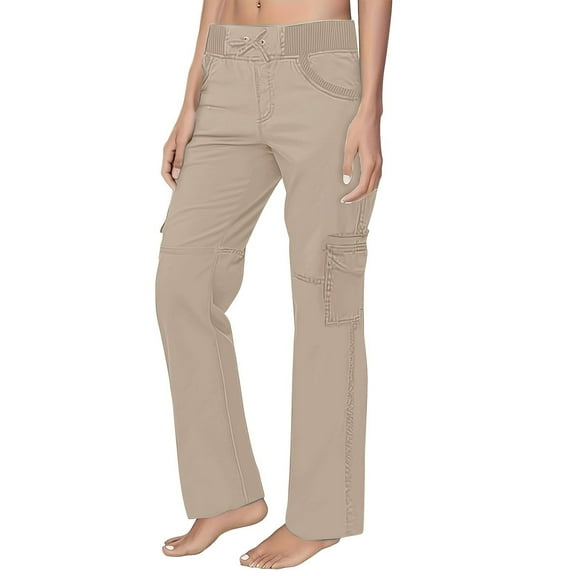 FRSASU Women High Waisted Cargo Pants Solid Wide Leg Casual Workwear Sports Trousers with Pocket Khaki L(L)