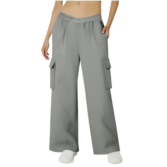 FRSASU Women High Waisted Wide Leg Cargo Pants Solid Color Loose Casual Trendy Work Trousers with Pockets Gray
