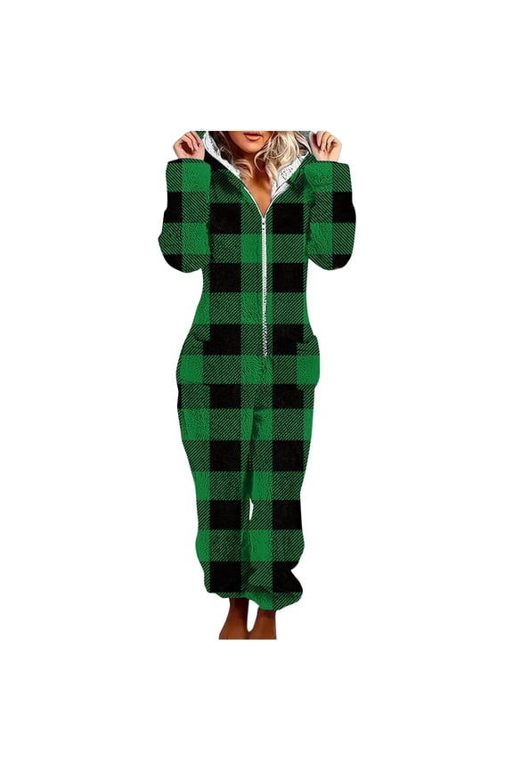 Women Hooded Fleece Jumpsuits Plaid Printed Long Sleeve One Piece Pajama Union Romper Overall Zip up Playsuit with Pockets Green