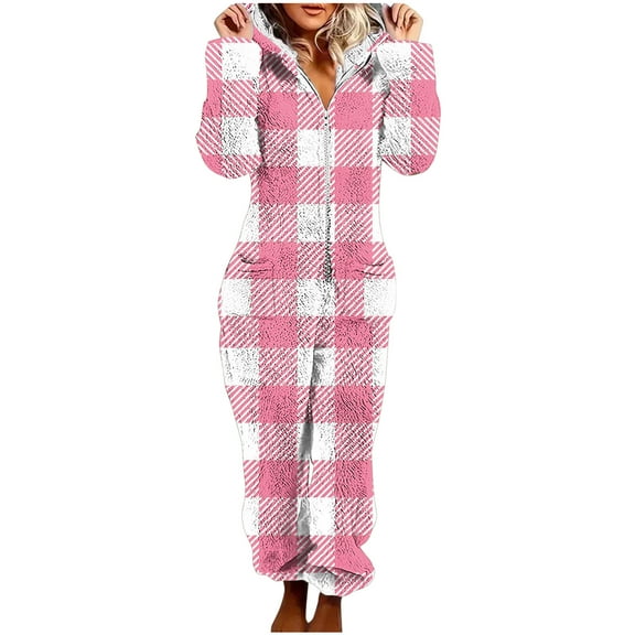FRSASU Women Hooded Fleece Jumpsuits Plaid Printed Long Sleeve One Piece Pajama Union Romper Overall Zip up Playsuit with Pockets Pink