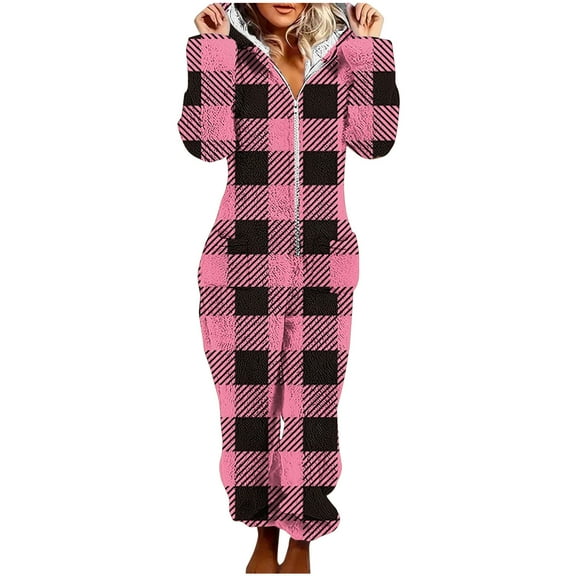 FRSASU Women Hooded Fleece Jumpsuits Plaid Printed Long Sleeve One Piece Pajama Union Romper Overall Zip up Playsuit with Pockets Purple