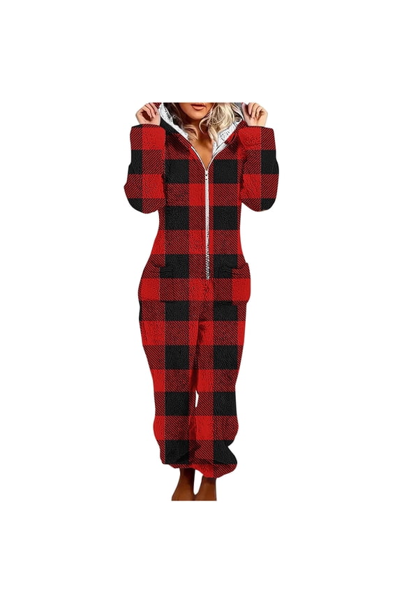 Women Hooded Fleece Jumpsuits Plaid Printed Long Sleeve One Piece Pajama Union Romper Overall Zip up Playsuit with Pockets Red