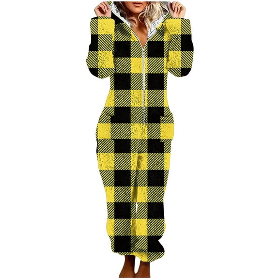 FRSASU Women Hooded Fleece Jumpsuits Plaid Printed Long Sleeve One Piece Pajama Union Romper Overall Zip up Playsuit with Pockets Yellow