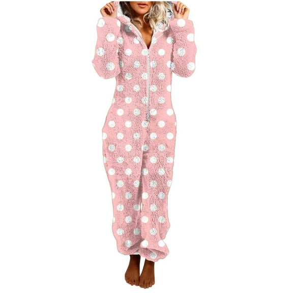 FRSASU Women Hooded Fleece Jumpsuits Polka Dot Printed Long Sleeve One Piece Pajama Union Romper Overall Zip up Sleepwear Pink
