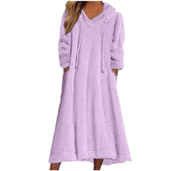 FRSASU Women Hoodie Nightdress Solid Drawstring Plush Casual Long Sleeve Home Wear Sleepwear with Pockets Purple