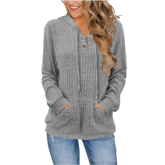 FRSASU Women Hoodies Solid Casual Button Down Sweatshirt Drawstring Long Sleeve Pullover Fall Winter Clothes with Pocket Gray