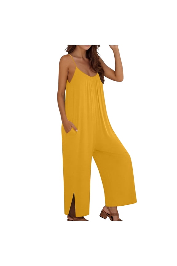 Women Jumpsuits Casual Boho Overalls Sleeveless Spaghetti Strap Long Pants Romper with Pockets Yellow