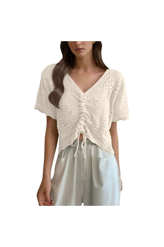 Women Lace Crochet Tops Short Sleeve V Neck Beach Drawstring Shirt Cover Ups Summer Hollow Out Beachwear Beige