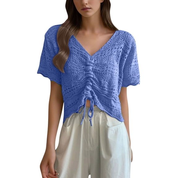 FRSASU Women Lace Crochet Tops Short Sleeve V Neck Beach Drawstring Shirt Cover Ups Summer Hollow Out Beachwear Blue