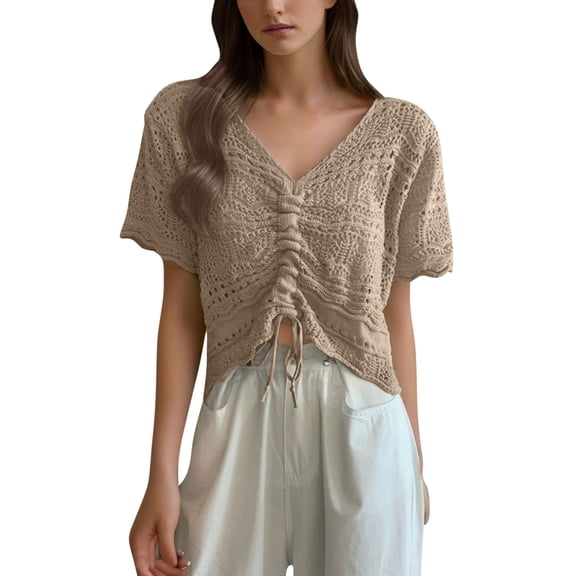 FRSASU Women Lace Crochet Tops Short Sleeve V Neck Beach Drawstring Shirt Cover Ups Summer Hollow Out Beachwear Khaki