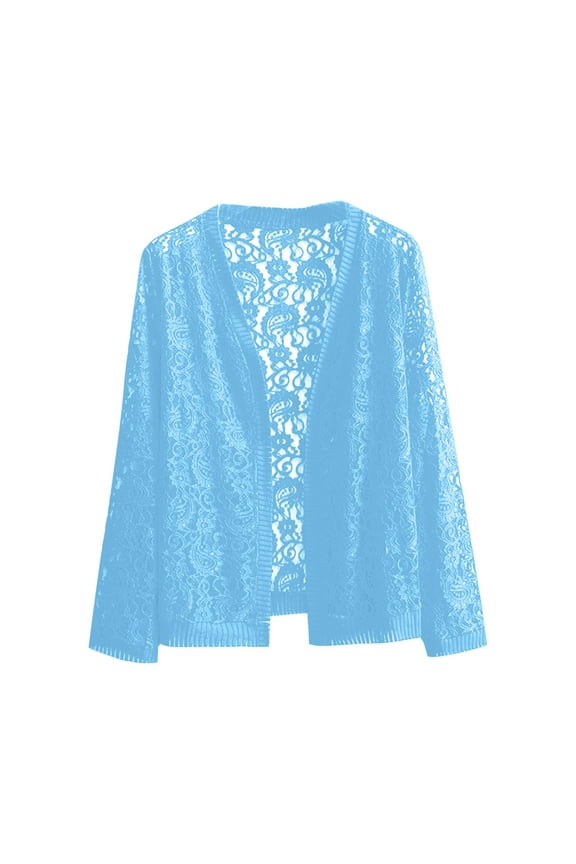 Women Lace Hollow Out Long Sleeved Jacket Beach Lightweight Sheer Long Sleeve Wedding Cardigan Top Blue
