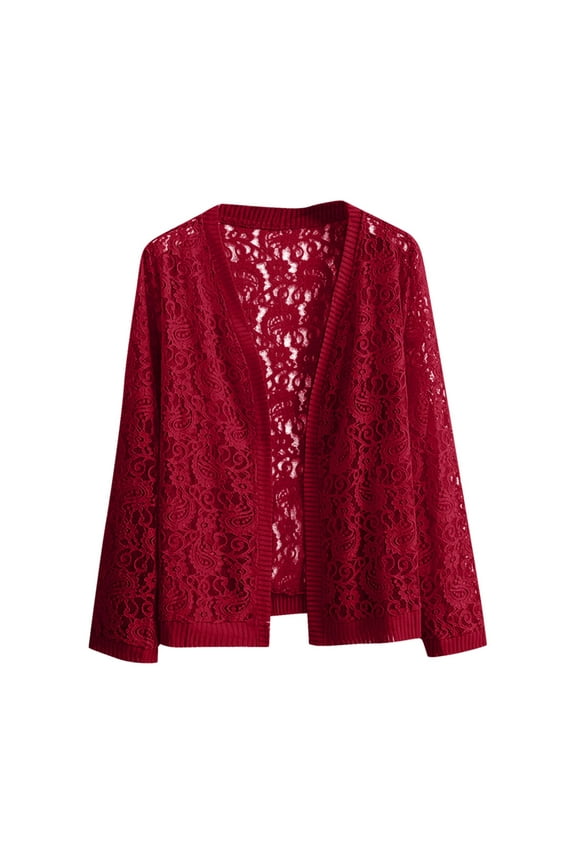 Women Lace Hollow Out Long Sleeved Jacket Beach Lightweight Sheer Long Sleeve Wedding Cardigan Top Wine