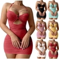 thumbnail image 1 of FRSASU Women Lingerie Set Chain Sheer Mesh Ruched Bodycon Mini Lingerie Dress with Thong 2 Piece Set Outfits Yellow, 1 of 5