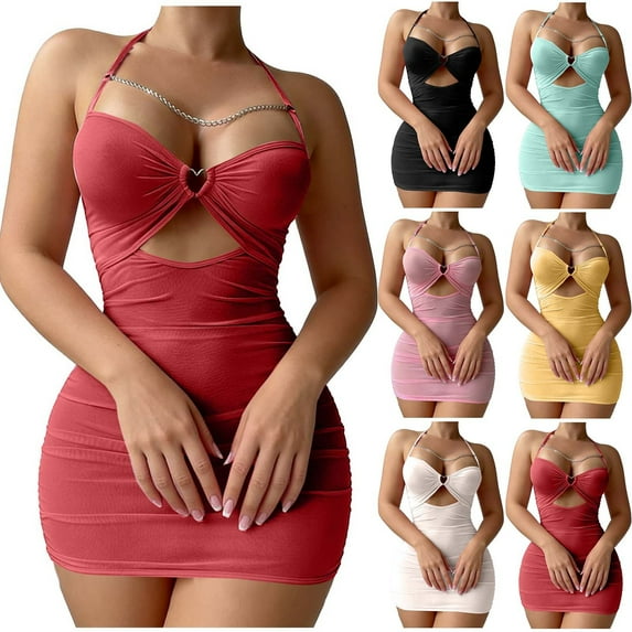 FRSASU Women Lingerie Set Chain Sheer Mesh Ruched Bodycon Mini Lingerie Dress with Thong 2 Piece Set Outfits Yellow