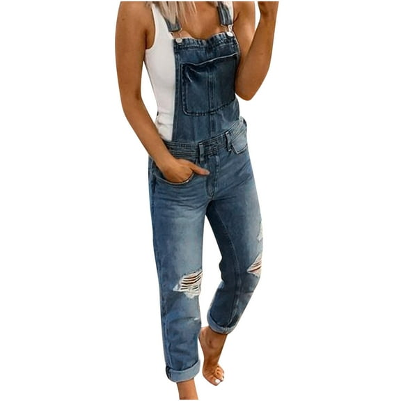 FRSASU Women Long Casual Loose Bib Pants ripped denim jumpsuit Overalls Baggy Rompers Jumpsuits with Pockets Dark Blue