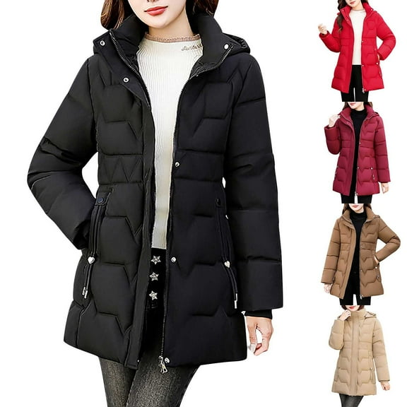 FRSASU Women Long Coat Winter Warm Hooded Jacket Solid Long Sleeve Fashion Coats Wine XL(XL)