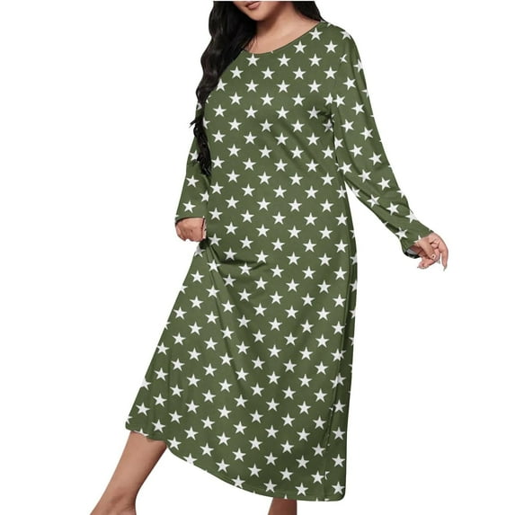 FRSASU Women Long Nightgowns Long Sleeves Star Print Nightshirts Casual Full Length Sleep Shirts Army Green XL(XL)
