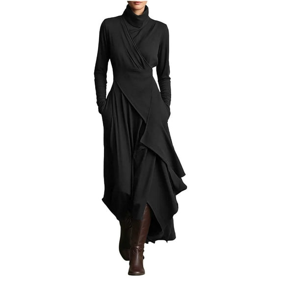 FRSASU Women Long Sleeve Casual High Neck Loose Solid Color Maxi Long Dress with Pockets for Fashion Shows Evening Parties Wedding Black