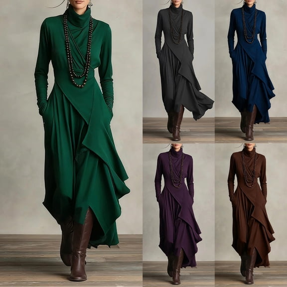 FRSASU Women Long Sleeve Casual High Neck Loose Solid Color Maxi Long Dress with Pockets for Fashion Shows Evening Parties Wedding Purple