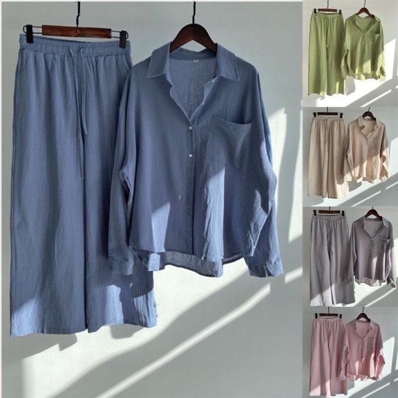 FRSASU Women Long Sleeve Lapel Shirt Suits Fashion Retro Button Down Cotton Linen Work Blouse with Solid Elastic Waist Pants Pink