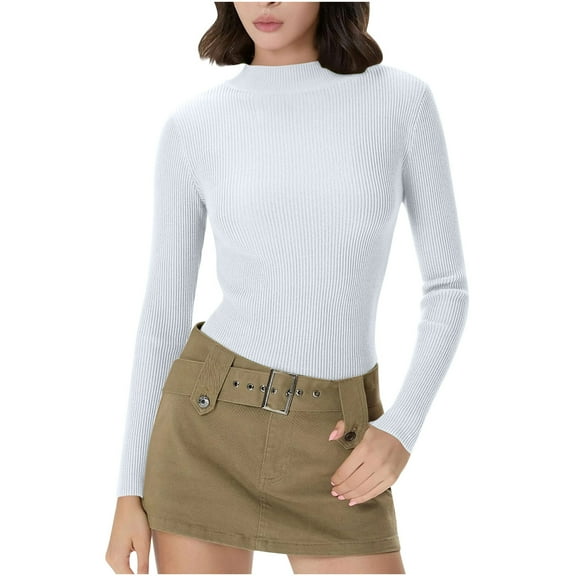 FRSASU Women Long Sleeve Shirts Rib Knit Slim Fit Tops Basic Tee Winter Casual T-Shirt Underscrubs Layer Clothes White
